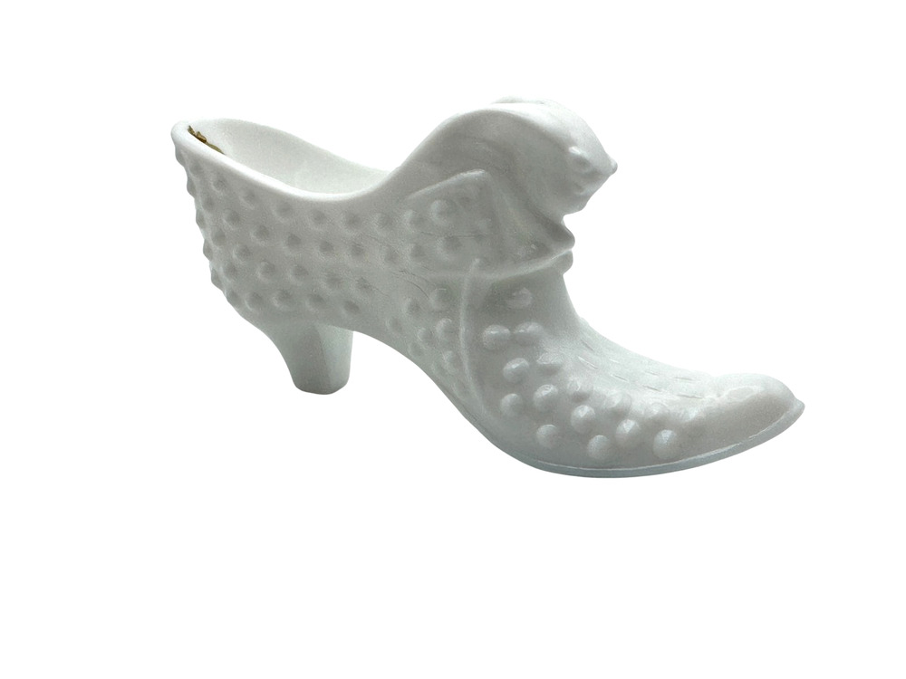 Vintage Fenton White Milk Glass Shoe Slipper Cat Head Hobnail High Heel